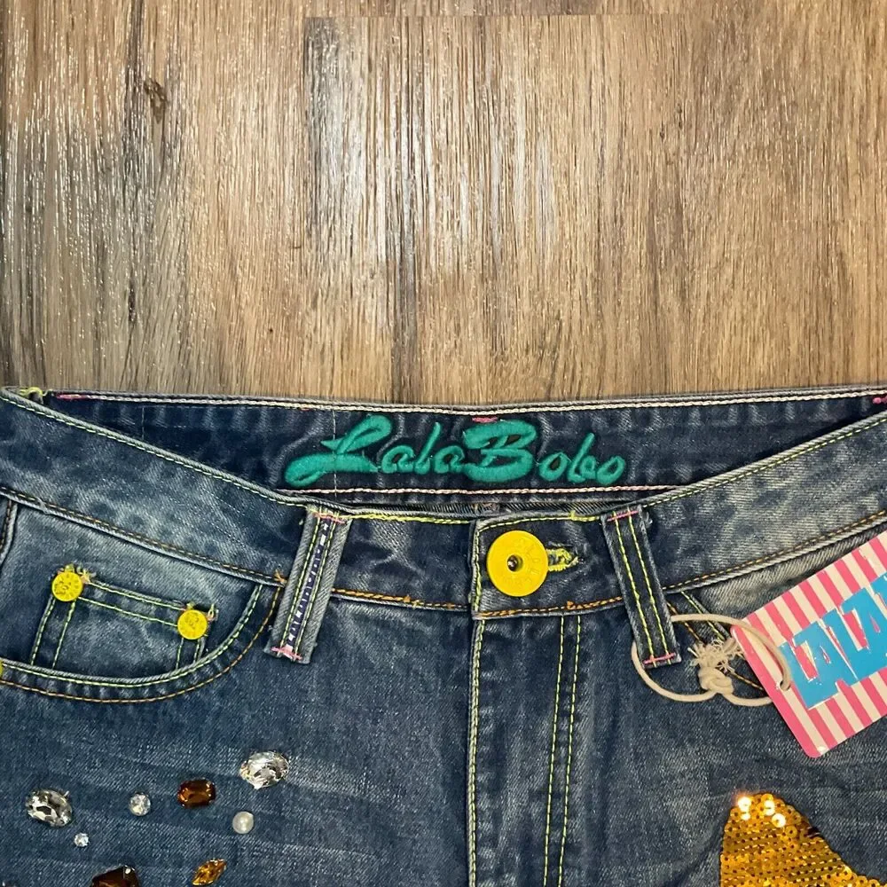 New Lala Bobo Jeans Vintage Blue Denim Graphic Print Sequin Size‎ 29 NWT